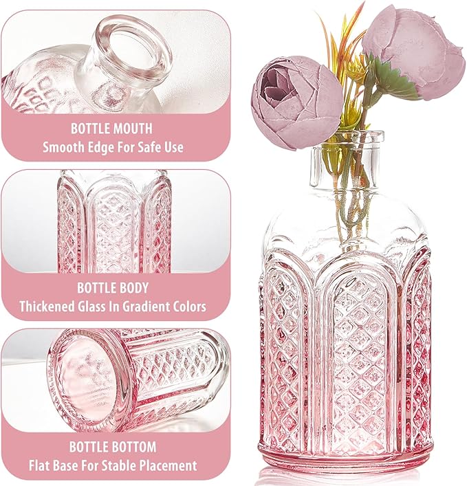 Pink Glass Bud Vase Set of 30, Small Flower Vases in Bulk, Mini Vintage Vases for Centerpieces, Home, Parties, Wedding Table Decoration (30 Pack)