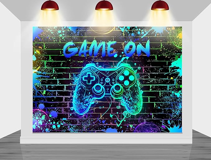 Mocsicka Game On Backdrop Video Game for Boys Level Up Birthday Party Decoration Game Night Arcade Neon Glow Gamer Banner Photography Background (Blue, 7x5ft(82"x60"))