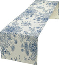 Chinoiserie Flower Table Runner, Seasonal Spring Fall Plants Blue Florals Dinner Runner for Home Kitchen Dining Table Party Holiday Decoration 13"x120"