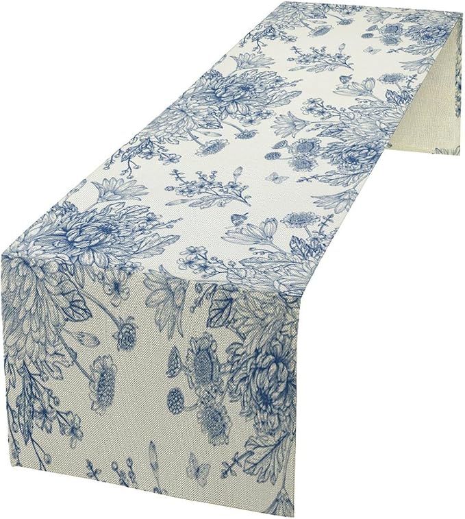 Chinoiserie Flower Table Runner, Seasonal Spring Fall Plants Blue Florals Dinner Runner for Home Kitchen Dining Table Party Holiday Decoration 13"x36"
