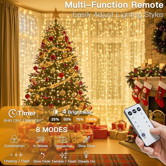 suddus 600 LED Christmas String Lights Outdoor, 9.8x19.6ft Curtain Light Plug in with Remote, 8 Modes Wall Hanging Lights for Christmas,Dorm,Wall,Window,Wedding,Party,Birthday Decor,Warm White