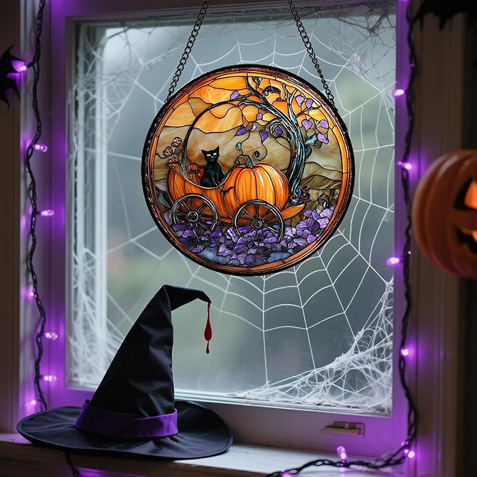 Stained Glass Window Hanging - Halloween Pumpkin Carriage Black Cat Suncatcher for Doors Window Garden Spooky Sun Catchers Gothic Decor Horror Gifts for Women Men Friend Boy Girl 7.8 in