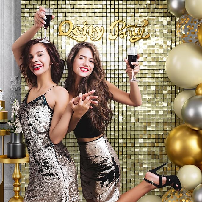 Qcity Light Gold Shimmer Wall Backdrop 24PCS, Black Back Not See-Through Design, Square Sequin Glitter Backdrop Panel, Perfect for Outdoor Events, Birthdays, Wedding and Party Decoration
