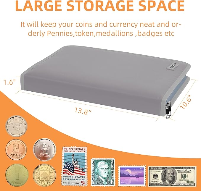 Coin Collection Book Holder for Collectors, 300 Pockets Fireproof Coins Collecting Album & 36 Sleeves Money Storage Case for Coin Currency Collection Supplies, Bill, Quarters, Stamp,Silver