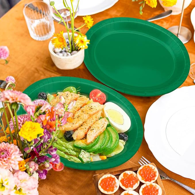 QZYL 50 Count Paper Plates, 12.2'' X 10.2'' Large Green Oval Plates, Daily Dinner Plates Disposable Paper Tray Bulk Party Supplies for Outdoor Picnic Birthday Party Barbecue Holiday