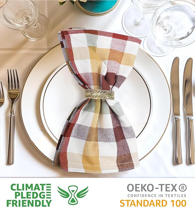 Harvest Check Cloth Napkins, 20x20 Square Cotton Dinner Napkins