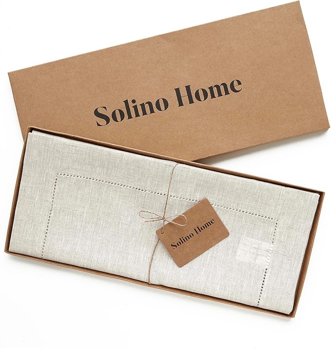 Solino Home Linen Light Natural Table Runner 48 Inches - Classic Hemstitch, 100% Pure Linen Coffee Table Runner 14 x 48 Inch Ideal for Dresser Tables - Fall, Autumn, Halloween, Thanksgiving, Christmas
