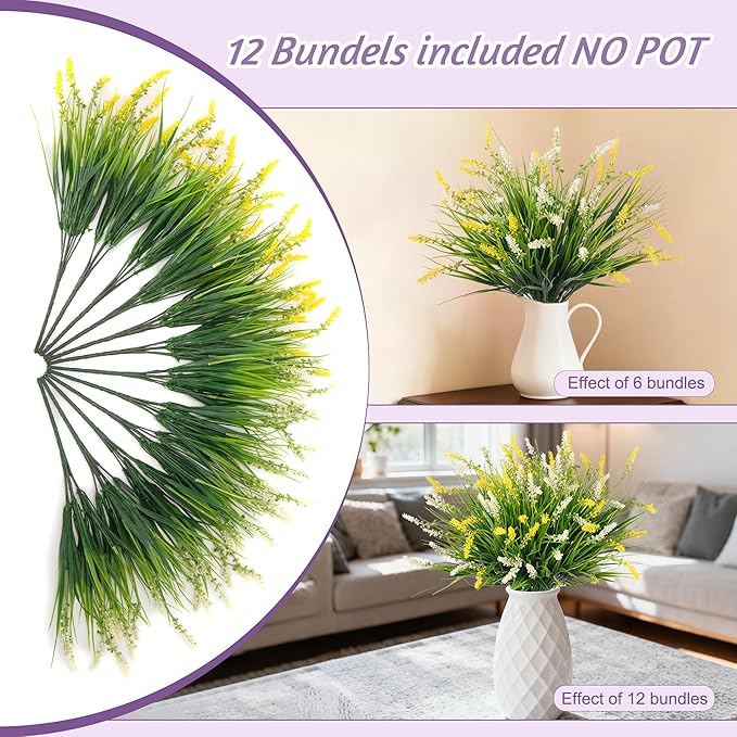 Artificial Greenery Plants, 12 Bundles Yellow and White Faux Monkey Grass