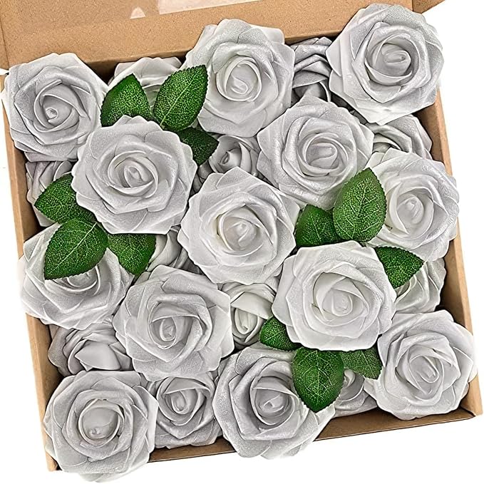 Artificial Silver White Roses, 50 Pcs Foam Flowers with Bendable Stems