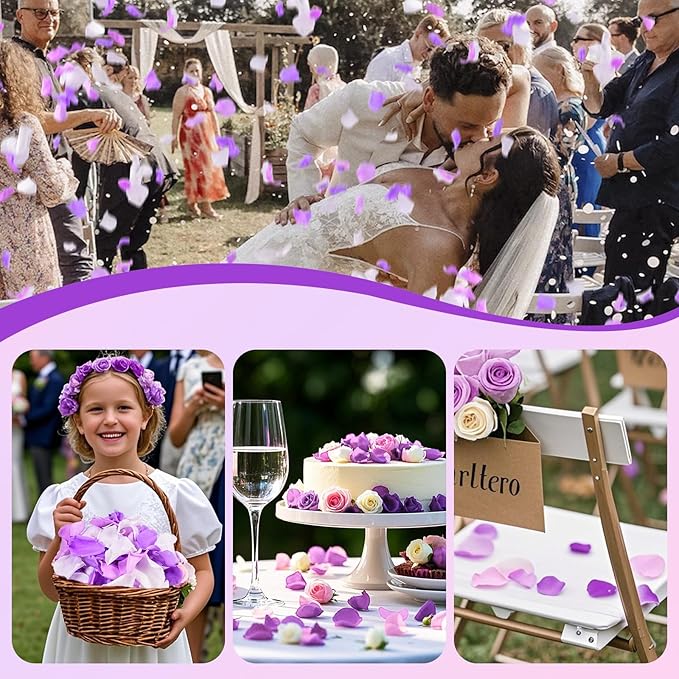 180 PCS Real Purple White Rose Petals for Wedding Flower Girl to Throw, 1.75oz Mixed Fresh Dried Rose Petal for Proposal Centerpieces Valentine's Day Romantic Night Decor