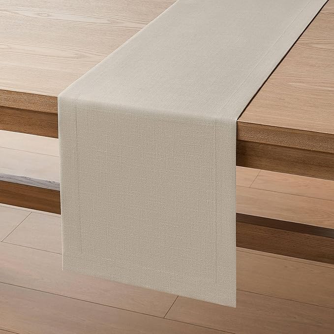 ZeeMart Linen Textured Border Table Runner, 14 x 90 Inch Natural, Farmhouse Style Neutral Table Runners 90 Inches Long, Easy Care Everyday Polyester Table Runner
