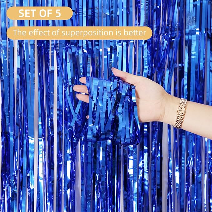 5 Pack Blue Fringe Foil Curtains 3.2ft x 8.2ft Tinsel Backdrop Streamers for Birthday Party Decoration Wedding Christmas Decoration (Navy)