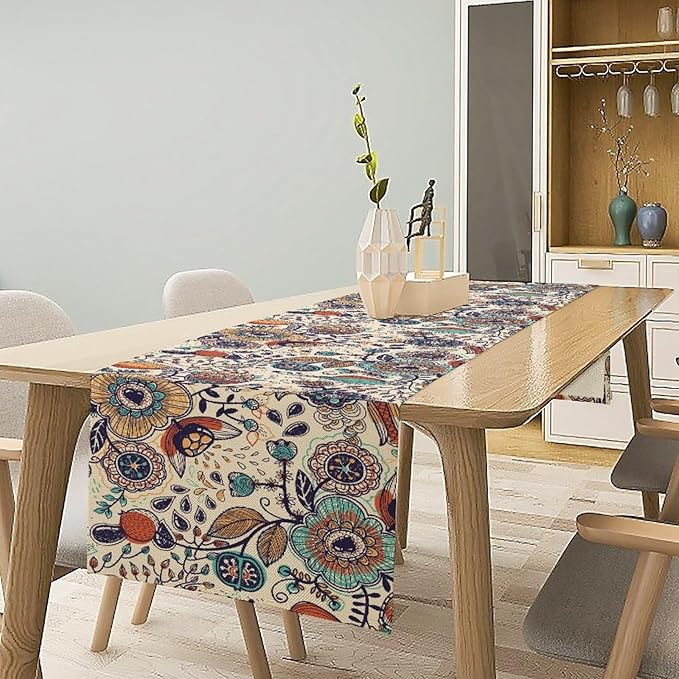 Boho Floral Table Runner,Vintage Flowers Tropical Plants Country Style Table Cloth Kitchen Dining Table Home Party Decoration 13x72 Inch