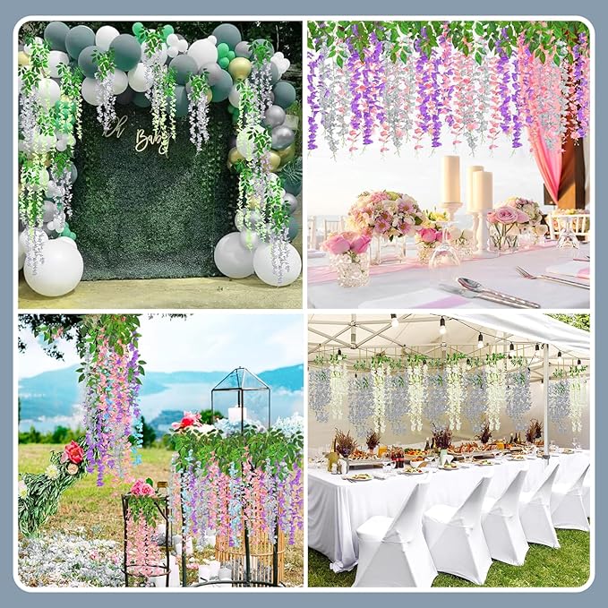 12 Pack Grey Wisteria Hanging Flowers Garland, 3.77 Feet Artificial Flower Vines, Fake Wisteria, Artificial Vines Hanging Garland for Backdrop Outdoor Yard Garden Decor
