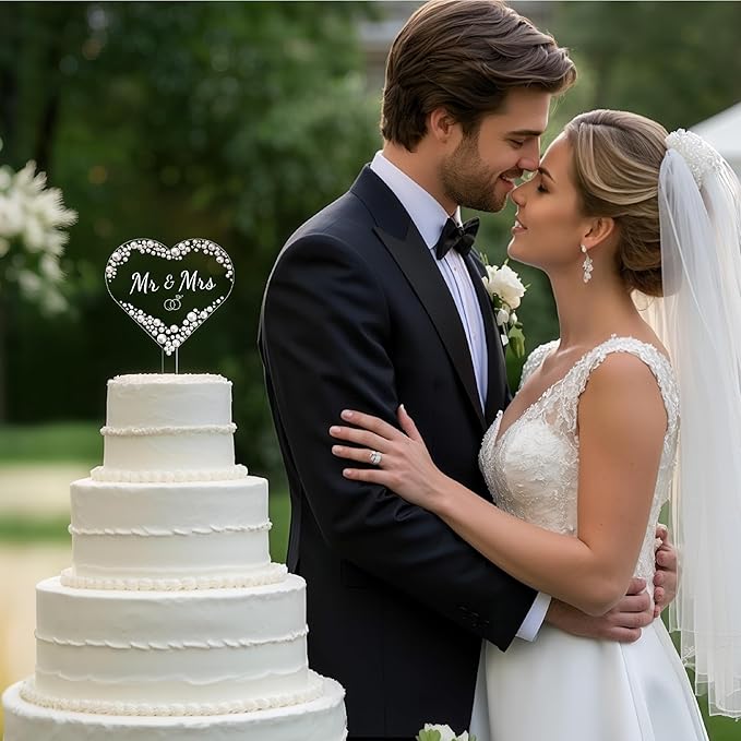 Acrylic Heart Mr & Mrs Cake Topper, Rhinestone and Faux Pearl Accents