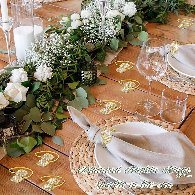Hotop 48 Pcs Napkin Rings Gold Table Decorations, Elegant Bling Leaves Napkin Rings, Rhinestone Guest Towels Buckle for Wedding Gold Party, Thanksgiving Christmas Dinner Banquet Table Decoration
