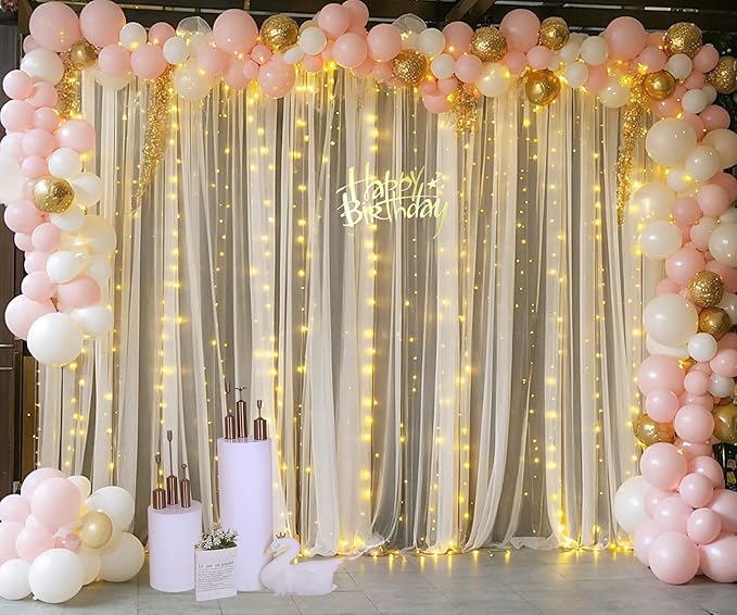 Champagne Backdrop Curtain with Lights String for Parites Wedding 20×8ft Sheer Tulle Backdrop Curtains for Bridal Shower Baby Shower Birthday Party Photo Shoot Background Decorations(4 Panels 5ft×8ft)