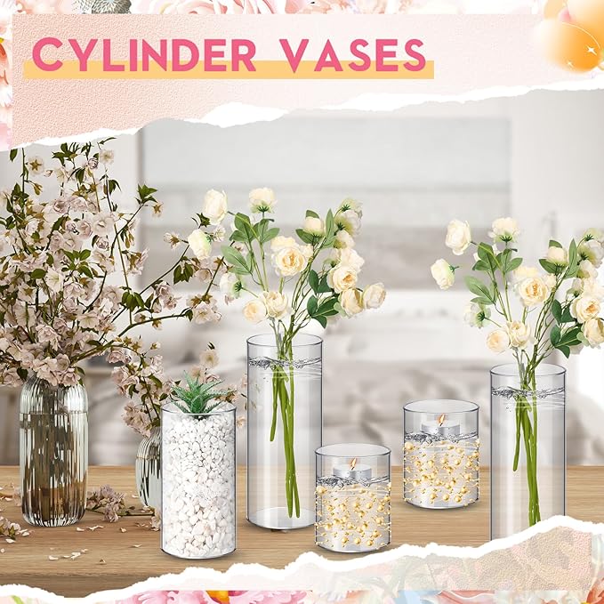 Cylinder Vases, 48 Clear Plastic Pieces in 3 Sizes for Table Décor