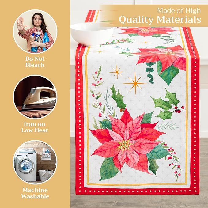 Maison d' Hermine Table Runner 100% Cotton Single Layer Table Runners 108 inches Long for Thanksgiving Christmas Decorations Home Kitchen Dining Party Wedding (Poinsettia Christmas, 14.5" x 108")