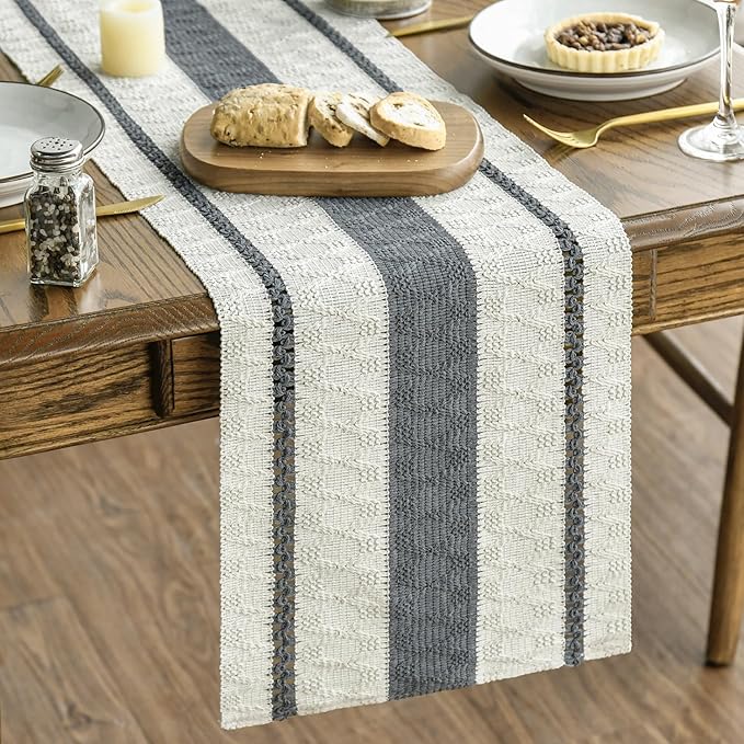 Artoid Mode Dark Grey Farmhouse Woven Rustic Table Runner, Seasonal Holiday Hollow Kitchen Dining Table Decoration for Home Party Decor 12x90 Inch