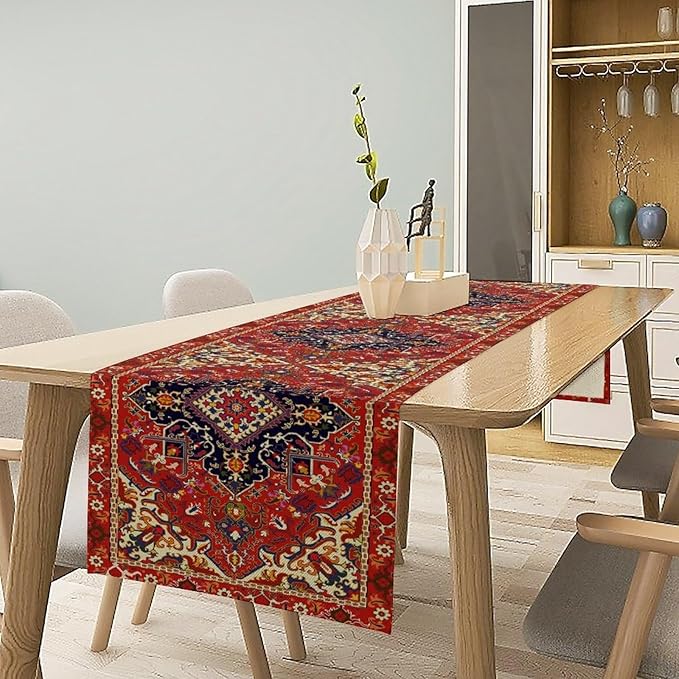Boho Old French Table Runner, Vintage Red Beige Retro Flower Rustic Country Style Floral Print Pattern for Home Kitchen Table Decor Dining Coffee Room Garden Party Decor 13x108in