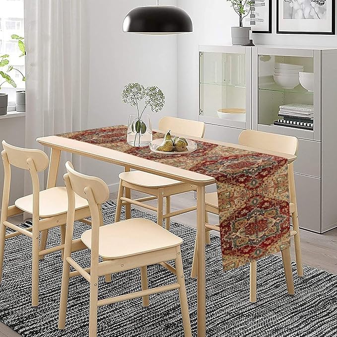 Boho Bohemia Style Table Runner, Vintage Red Brown Retro Flower Rustic Country Style Floral Print Pattern for Home Kitchen Table Decor Dining Coffee Room Garden Party Decor 13x60in