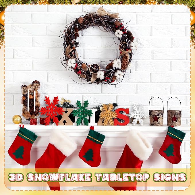 Bucherry 12 Pcs Wooden Snowflake Table Decor 3D Snowflake Tabletop Signs and Centerpiece for Christmas Xmas Winter Wonderland Decorations Home Party (White, Gold, Red,Green)