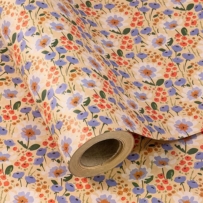 WRAPAHOLIC Kraft Floral Wrapping Paper Roll - Mini Roll - 17 Inch x 33 Feet - Watercolor Flower Wrapping Paper, Perfect for Wedding, Birthday, Bridal Shower, Tea Party