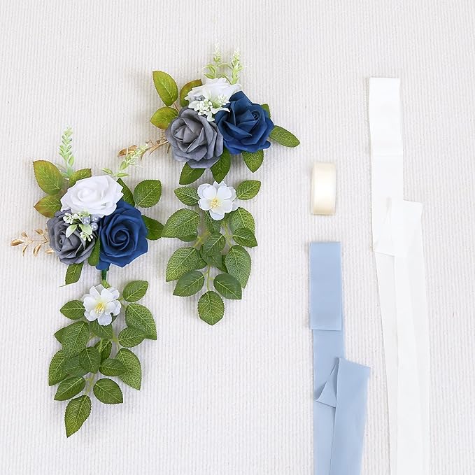 Artificial Rose Wedding Aisle Flowers, 10 Pieces, Blue with Chiffon Ribbon