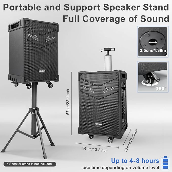 GTSK10-3 3-Way Portable Bluetooth PA Speaker with Wireless Microphones, 10" Subwoofer, Party Speaker with DJ Lights, USB/FM/TWS/Guitar Input, Rechargeable for Outdoor Events