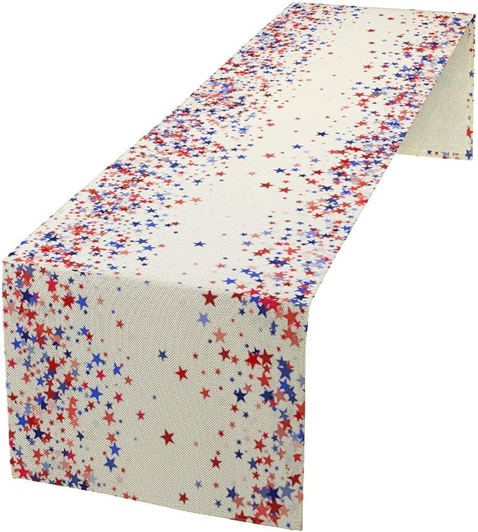 Independence Day Table Runner, 4th of July Red Blue Stars American President Day Holiday Confetti Print Table Cover for Kitchen Dining Table Indoor Outdoor Party, 13x70inch