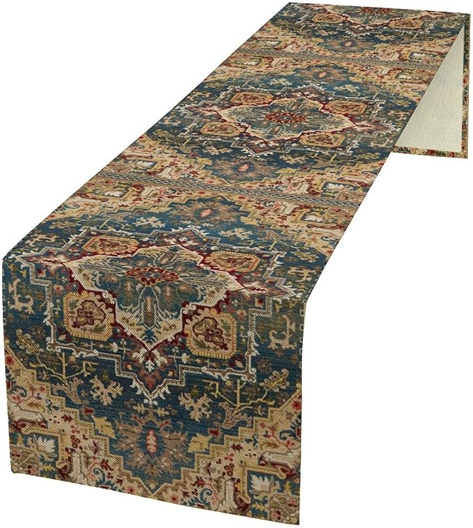 Boho Bohemia Style Table Runner, Country Rustic Farmhouse Vintahe Colorful Geometry Print Table Runner for Home Kitchen Dinner Party Holiday Decor, 13x60inch