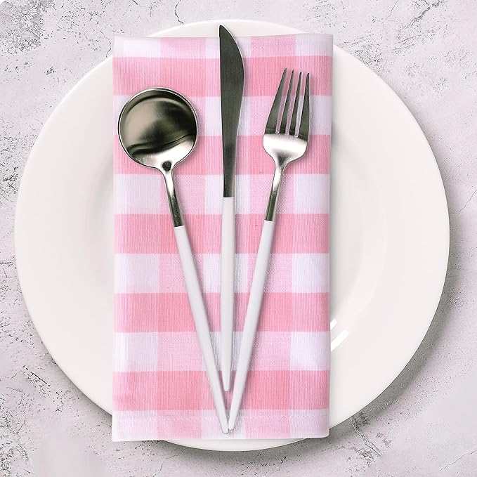 Cloth Dinner Napkins, 100% Cotton Checkered Pink, 20 x 20 Inch