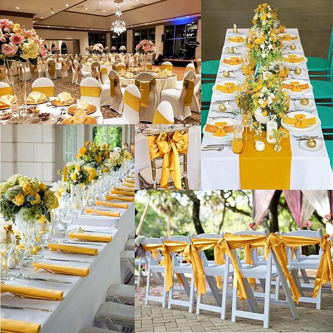 20 Pack Gold Satin Table Runner,12 x 108 inch Long Premium Smooth Gold Table Runners for Wedding, Banquets, Birthday, Party, Engagements,Table Runners fit Rectangle and Round Table