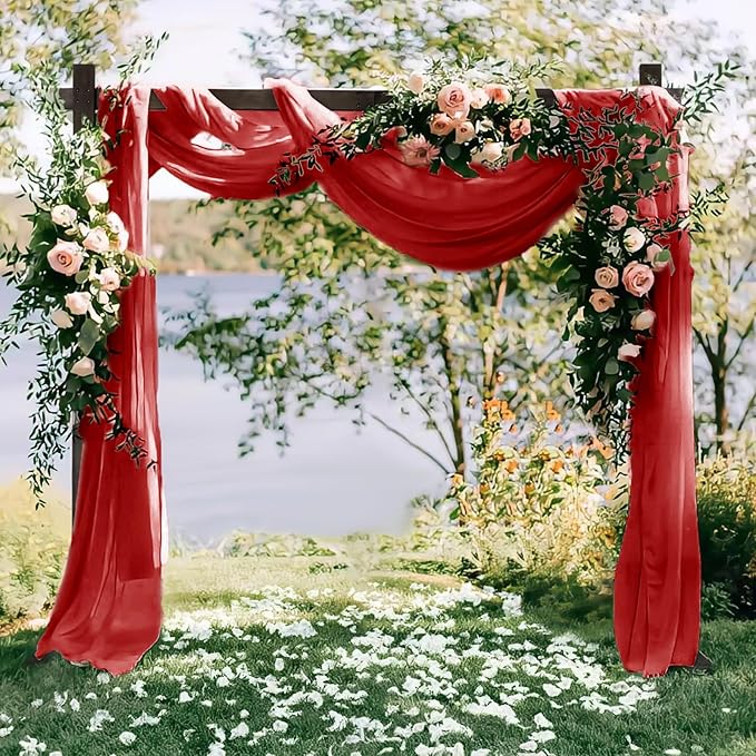 VOK Red Wedding Arch Draping Fabric Chiffon Fabric, 29in x 18Ft 2 Panels Sheer Chiffon Outdoor Curtain for Wedding Ceremony Birthday Party Decoration (Red,2 Panel)