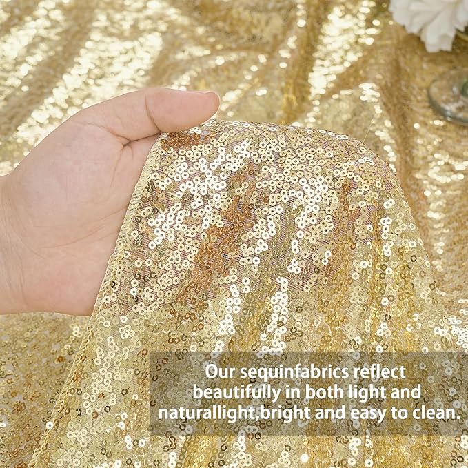 QueenDream Party Tablecloth Light Gold - 90x156 Inch Sequin Fabric Table Cloths Rectangle Cover Birthday Parties Holiday Decorations