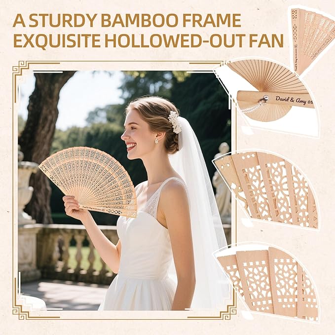 50pcs Personalized Wedding Fans for Guests - Custom Wooden Hand Fans with Names/Dates - Bulk Wedding Favors for Bridal Shower, Baby Shower & Parties (Wood, 50pcs)