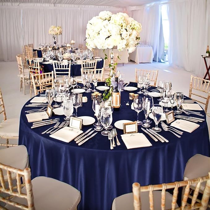 fani 6 Pack 108 Inch Navy Blue Satin Tablecloth - Premium Bright Silky Round Tablecloth Overlay Smooth Fabric Table Cover, Table Decoration for Wedding Party Banquet Events Restaurant Kitchen Dining