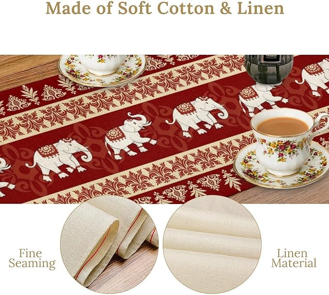 Boho Elephant Table Runner, Vintage Tribal Traditional African Animals Ethnic Folk Red Table Center Decor for Home Kitchen Dining Patio Holiday Party Indoor Outdoor Table Decorations, 13"x36" Inch