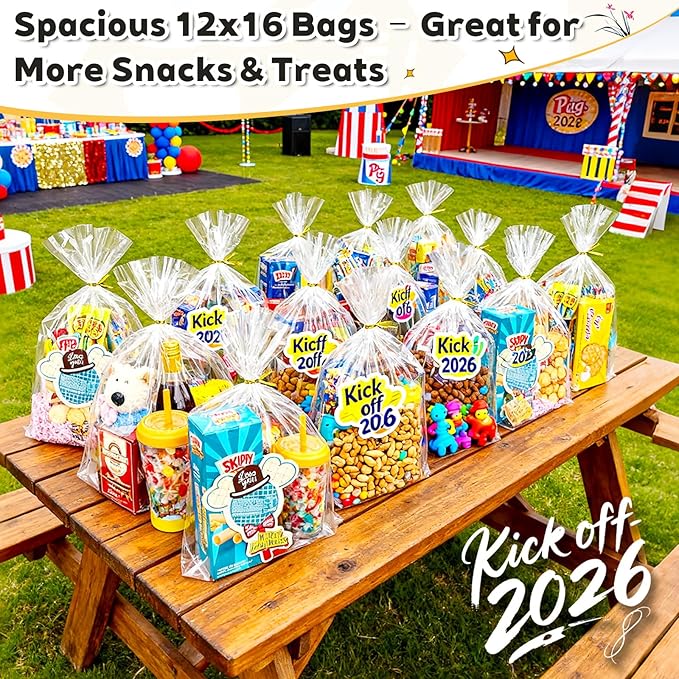 PigPotParty 12"x 16", 50Pcs Bottom Gusset Bags, Clear Plastic Cellophane Gift Mug Treat Goodie Bags with 50x Twist Ties, Large Party Favor Packaging, Toy Wrapping (No Side Gusset)