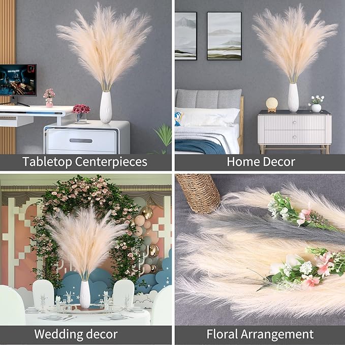 Faux Pampas Grass 6 Stems, Artificial Pampas Grass - 43''/3.6FT Total Extra Large Pompass Grass Tall Pompous Boho Flower Arrangement and Floor Vase Filler Home Decor for Room Wedding Party (Grey)