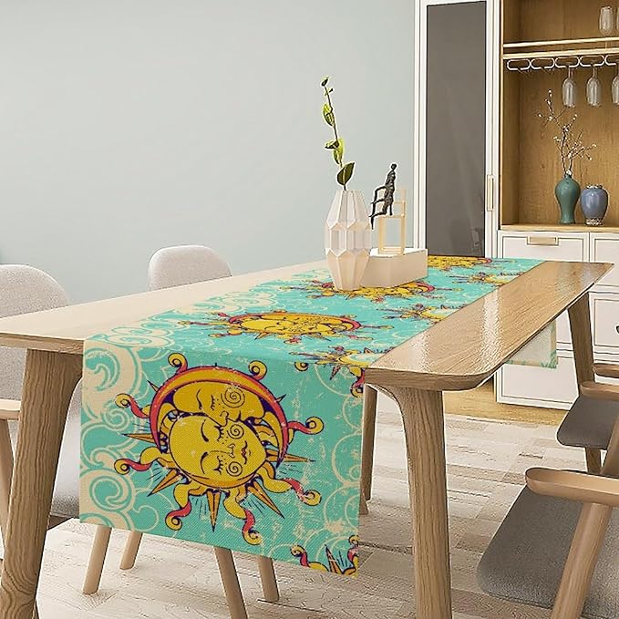 Retro Sun Moon Table Runner, Phase of The Moon Vintage Cloud Table Runner for Kitchen Dinner Living Room Table Runner Yellow Floral, 13x108 Inch Yellow Blue