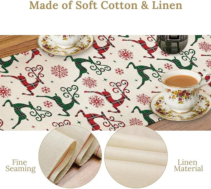 Christmas Table Runner,Christmas Plaid Deer Print Farmhouse Table Cloth Kitchen Dining Table Decoration for Home Party Decor 13x90 Inch