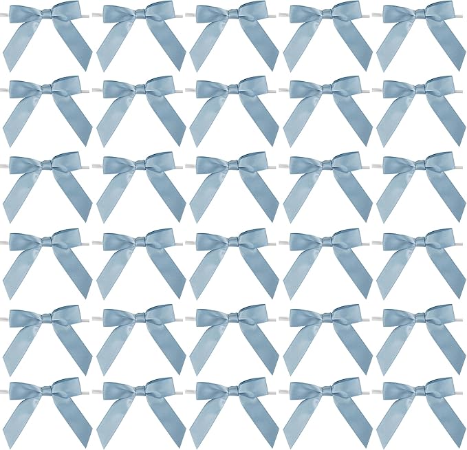 Gift Wrap Bows, 50 Dusty Blue Satin Bows with Twist Ties, 2.5 Inch