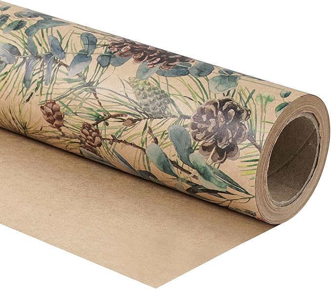 RUSPEPA 30" X 100' Kraft Christmas Wrapping Large Paper Roll, Jumbo Roll, Watercolor Pinecone and Eucalyptus Leaf Design, Kraft Gift Wrap for Christmas, Winter Holiday Party, Rustic Natural Theme