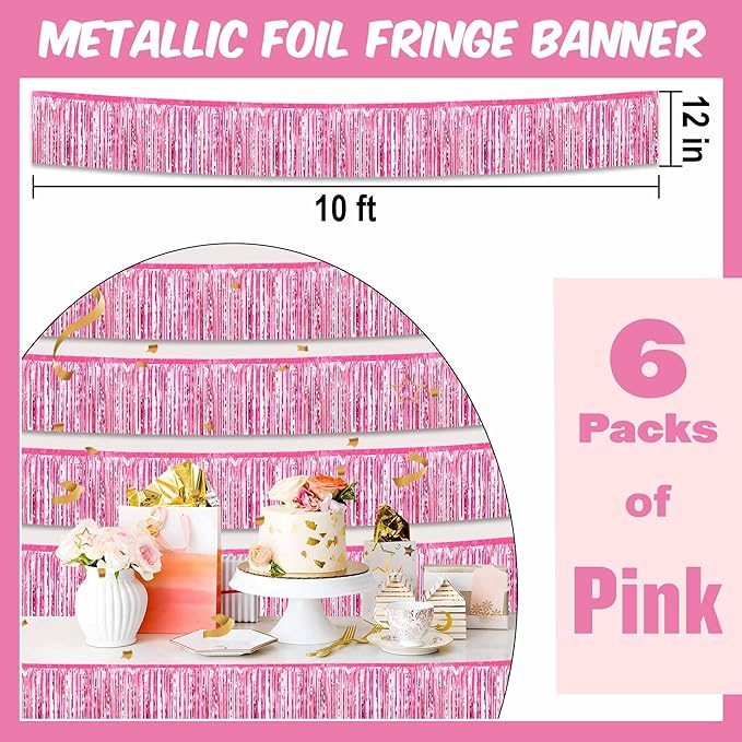 6 Pack 10 Ft Pink Foil Fringe Garland Metallic Streamers Tinsel Banner Wall Hanging Garland Backdrop for Parade Floats, Halloween, Christmas, Thanksgiving, New Year Party Decorations