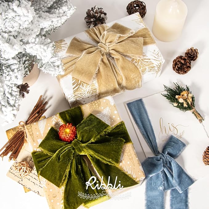 Ribbli Moss Green Velvet Ribbon 1.5 Inch Handmade Frayed Vintage Christmas Ribbon for Gift Wrapping Christmas Tree Ornament Wreath Craft Home Decor -Total 3 Yards with Wooden Spool