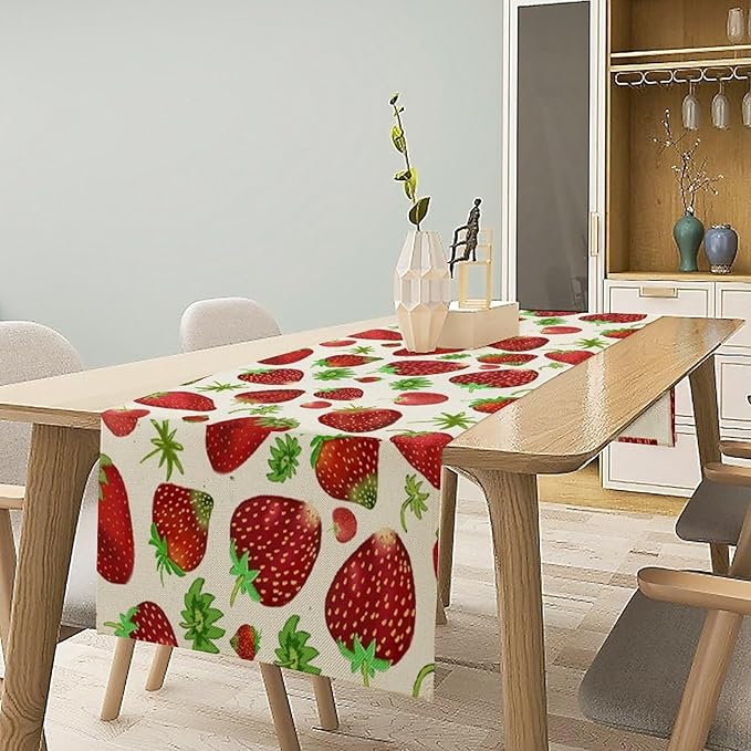 Strawberry Table Runner Spring Summer Fruit Wild Berry Forest Garden Dinner Runner for Girl Baby Shower Party Holiday Home Kitchen Dining Table Decor 13x60