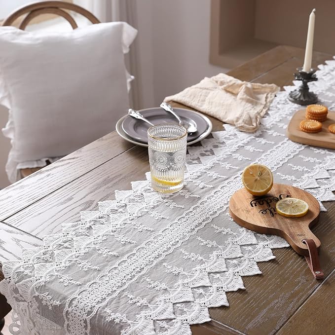 patdrea Designer Vintage White Lace Table Runner,Crochet Decorative Table Covers,Chiffon Embroidered Tasseled Table Runners, Cutwork Dresser Runners,Christmas Wedding Party Bridal 16x71 Inches Long