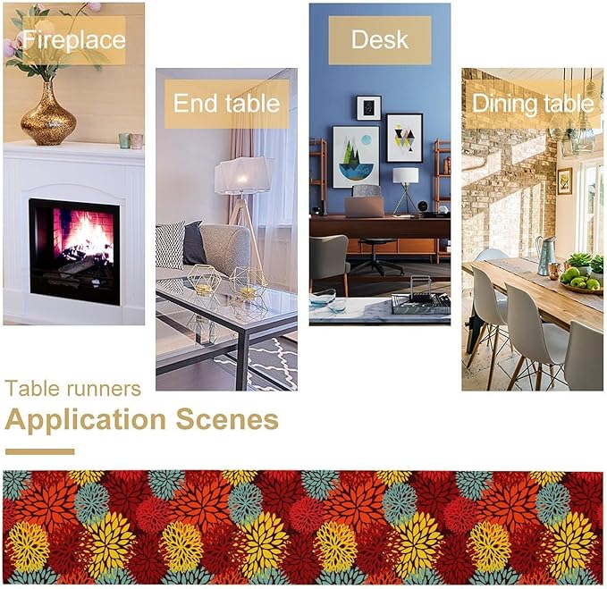 Red Yellow Dahlia Table Runner, Seasonal Autumn Thanksgiving Pattern Print for Home Kitchen Table Decor Dining Coffee Room Party Decor 13x120 Inch